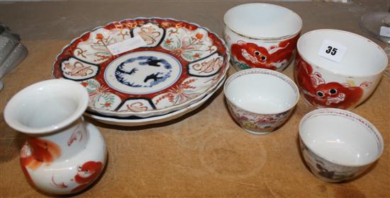 2 Chinese tea bowls, 2 imari plates and 3 other items